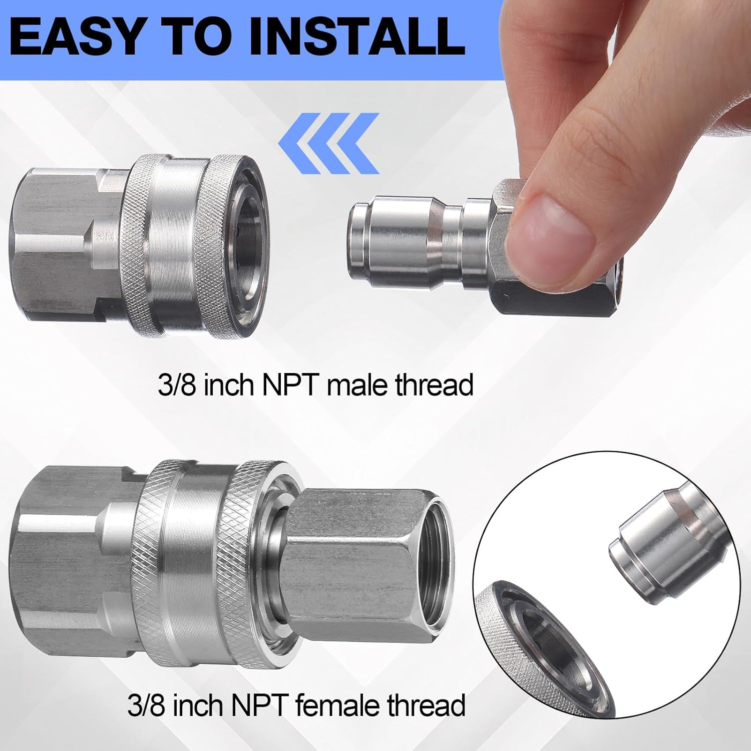 Hotop 6 Sets NPT 3/8 Inch Stainless Steel Male and Female Quick Connector Kit Pressure Washer Adapters Hose Quick Connector