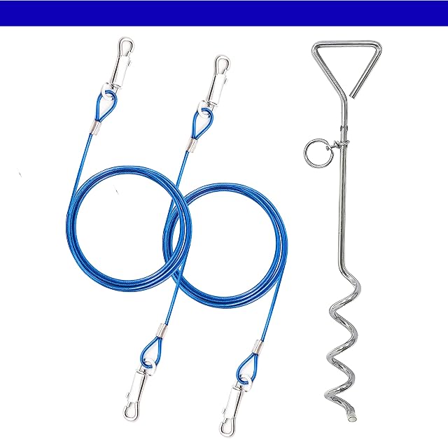 2 X 1.8m Dog Chains for outside Dog Tie Out Cable Steel Spiral Heavy Duty Ground Spike Stake (40cm) Dog Tether Outdoor Dog Camping Accessories (Cable & Stake, 2 X 6ft (Blue))
