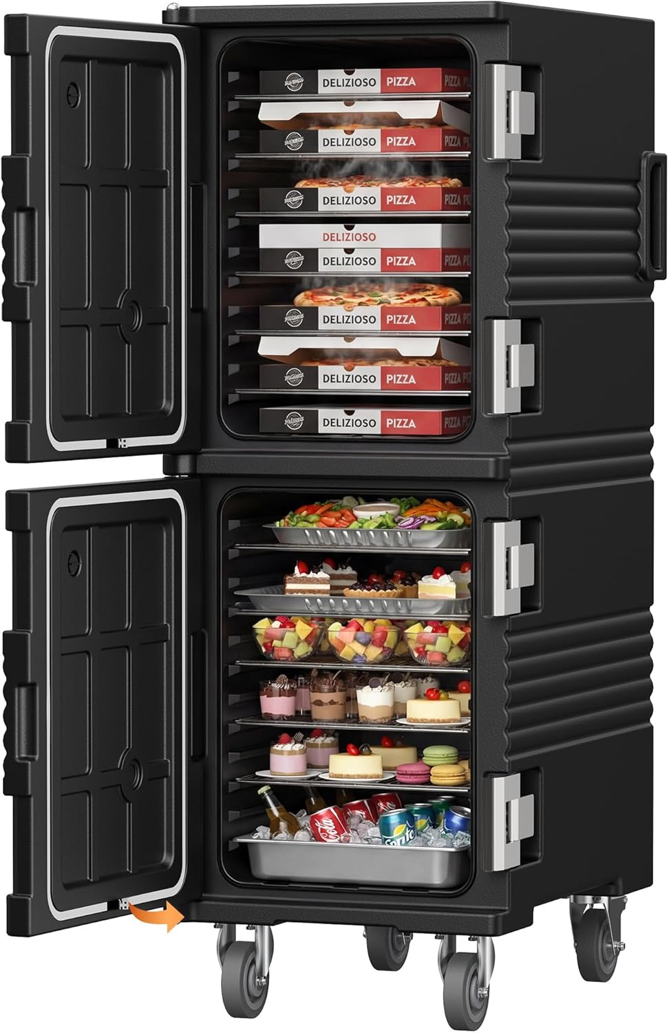 190QT Insulated Food Pan Carrier Commercial Dual-Zone Hot & Cold Food Warmer with 304 Stainless Steel Latch & 270° Door, Heavy Duty Catering Transport Box w/Casters for Restaurant Events Bulk Delivery