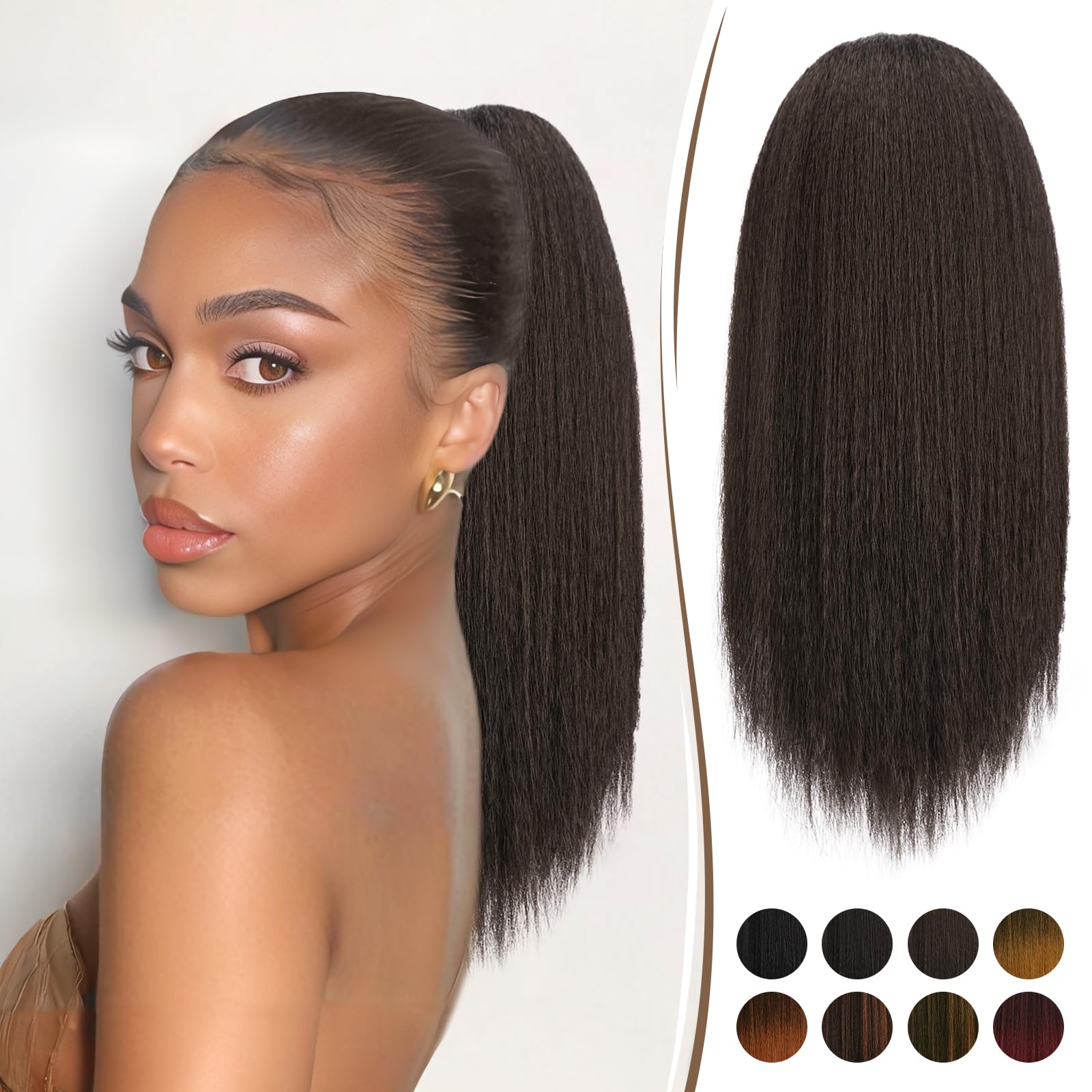 RUWISS Drawstring Ponytail for Black Women Yaki Straight Ponytail Hair Extension 16 Inch Thick Pony Tail Clip in Synthetic Ponytail Hairpiece Dark Brown