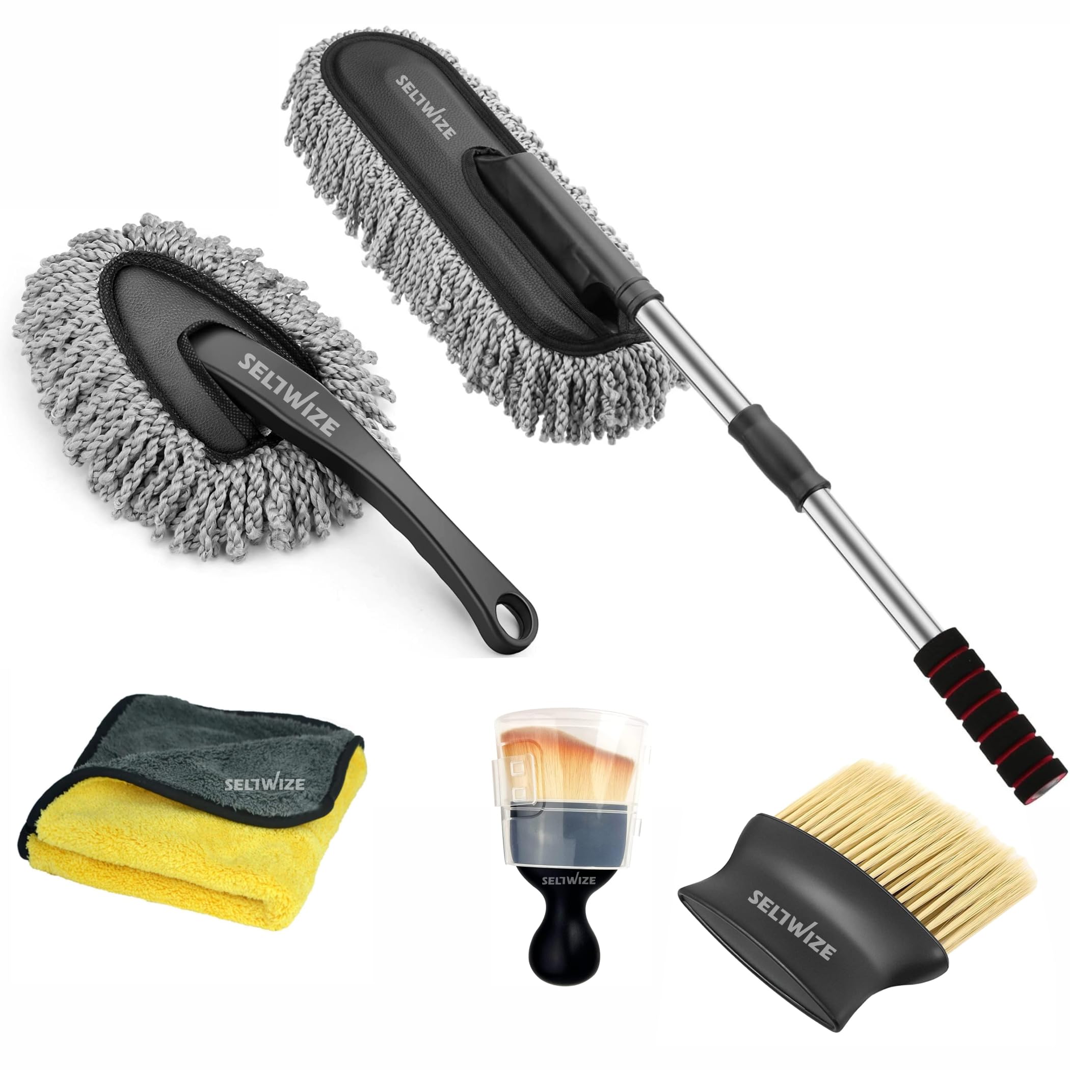 SELLWIZE 5 PCs Microfiber Car Duster with Long Handle Car Cleaning Brush Exteriror and Interiror Car Cleaning Cloth Car Ac Vent Cleaner Brush for Car, Motorbike, SUVs Car Cleaning Kit