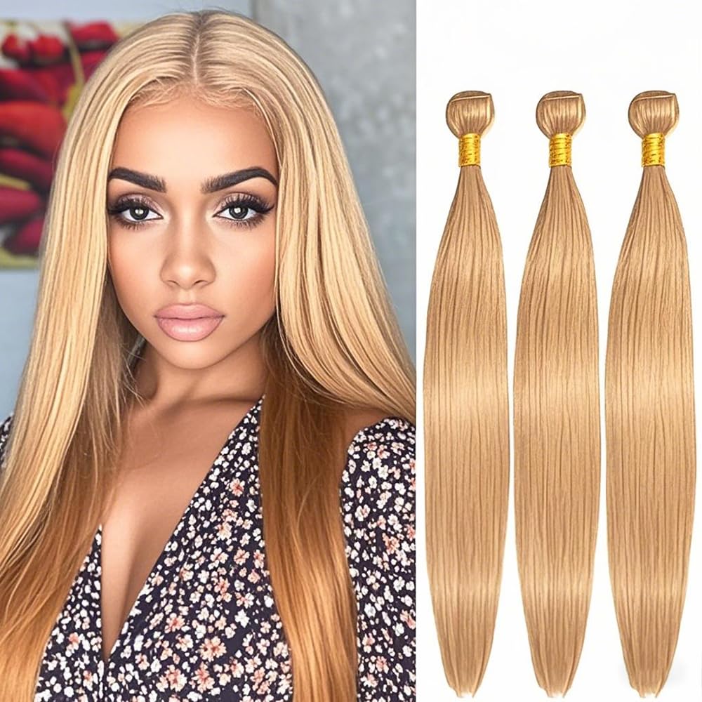 Color #27 Human Hair Bundles Straight 16 18 20 Inch Honey Blonde Bundles Straight Human Hair Extensions Blonde Unprocessed Brazilian Virgin 50G Per Bundle 150g