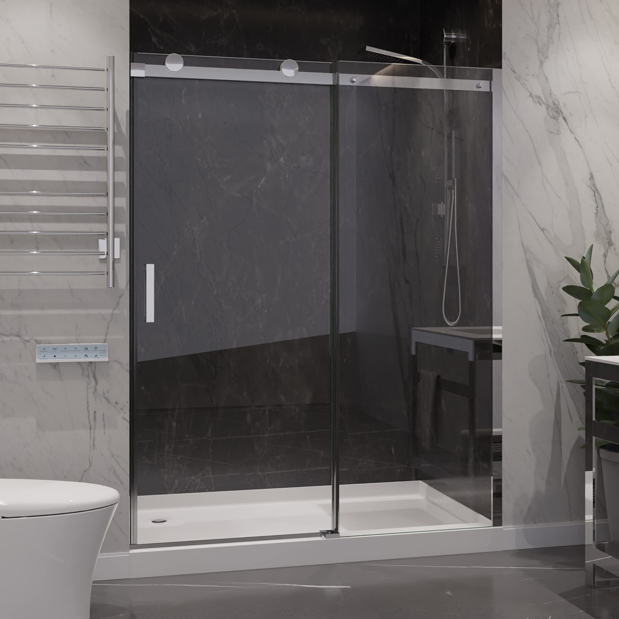 ANZZI 76" x 48" Frameless Shower Door in Polished Chrome, Rhodes Water Repellent Glass Shower Door with Seal Strip Parts and Handle, Easy Glide Rollers Sliding Shower Door (SD-FRLS05701CH)