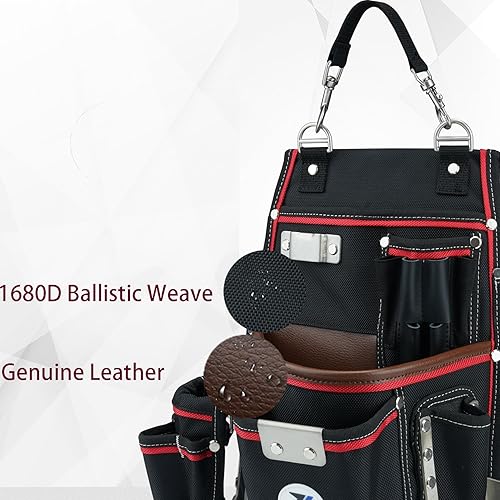 Miniatura 2 de 20-539 - Bolsa de herramientas profesional resistente con soporte para martillo y clip de cinta  Nylon balístico 1680D + cuero genuino  Trabilla