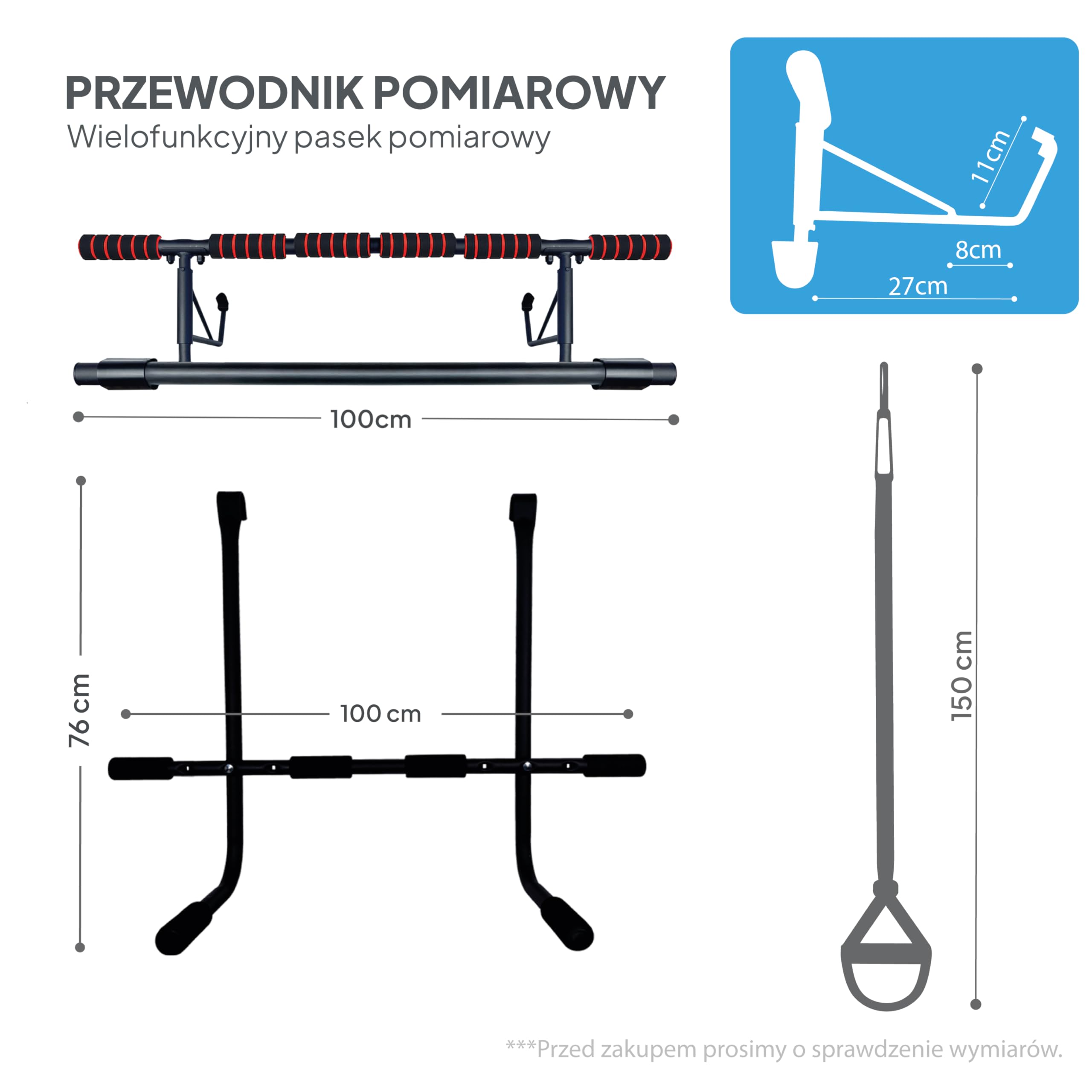 OcioDual Drążek do podciągania Door Pull-Up bez śrub + paski do podwieszania (+Dip), Drążek do podciągania montowany na drzwiach, Składany drążek do podciągania montowany na drzwiach