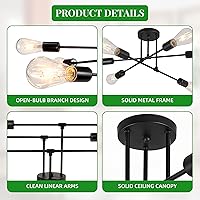 Vista 3 de Lámpara de Araña Moderna Sputnik para Techo, Accesorios de Iluminación de 6 Luces de 22", Metal Industrial de Mediados de Siglo, Montaje Semi Negro