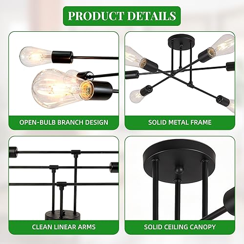 Miniatura 3 de Lámpara de Araña Moderna Sputnik para Techo, Accesorios de Iluminación de 6 Luces de 22", Metal Industrial de Mediados de Siglo, Montaje Semi Negro