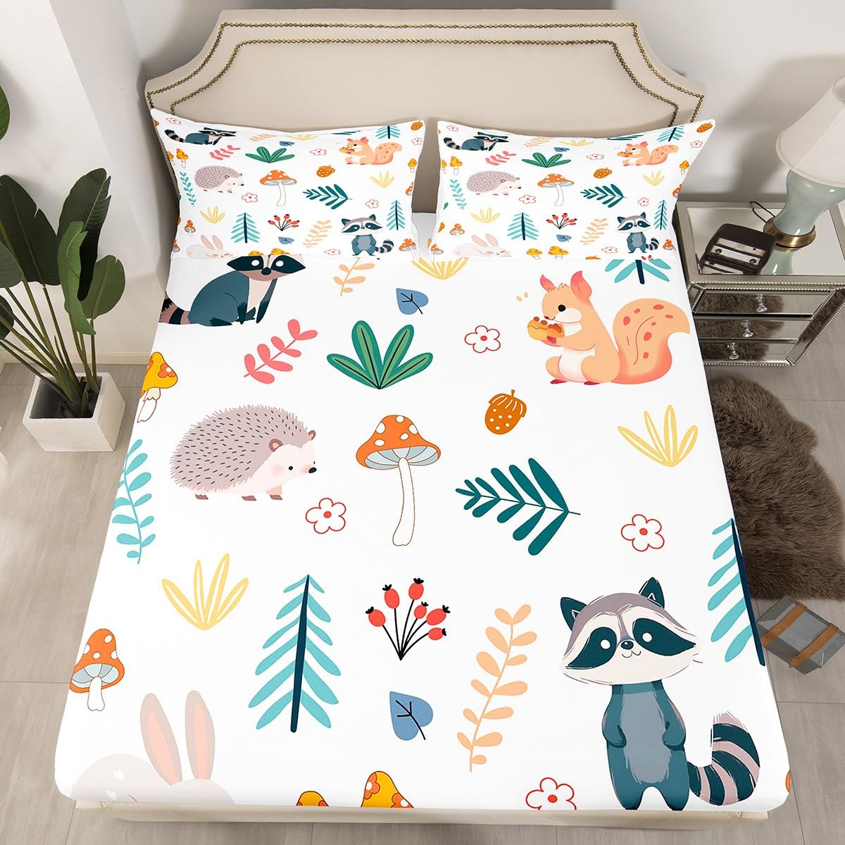 Drap-housse Motif Animaux De Dessin Animé Pour Enfants, Motif Hérisson, Raton Laveur, Lapin, écureuil Pour Décoration De Chambre De Filles Et Garçons, Drap De Lit Botanique Naturel, Drap Profond
