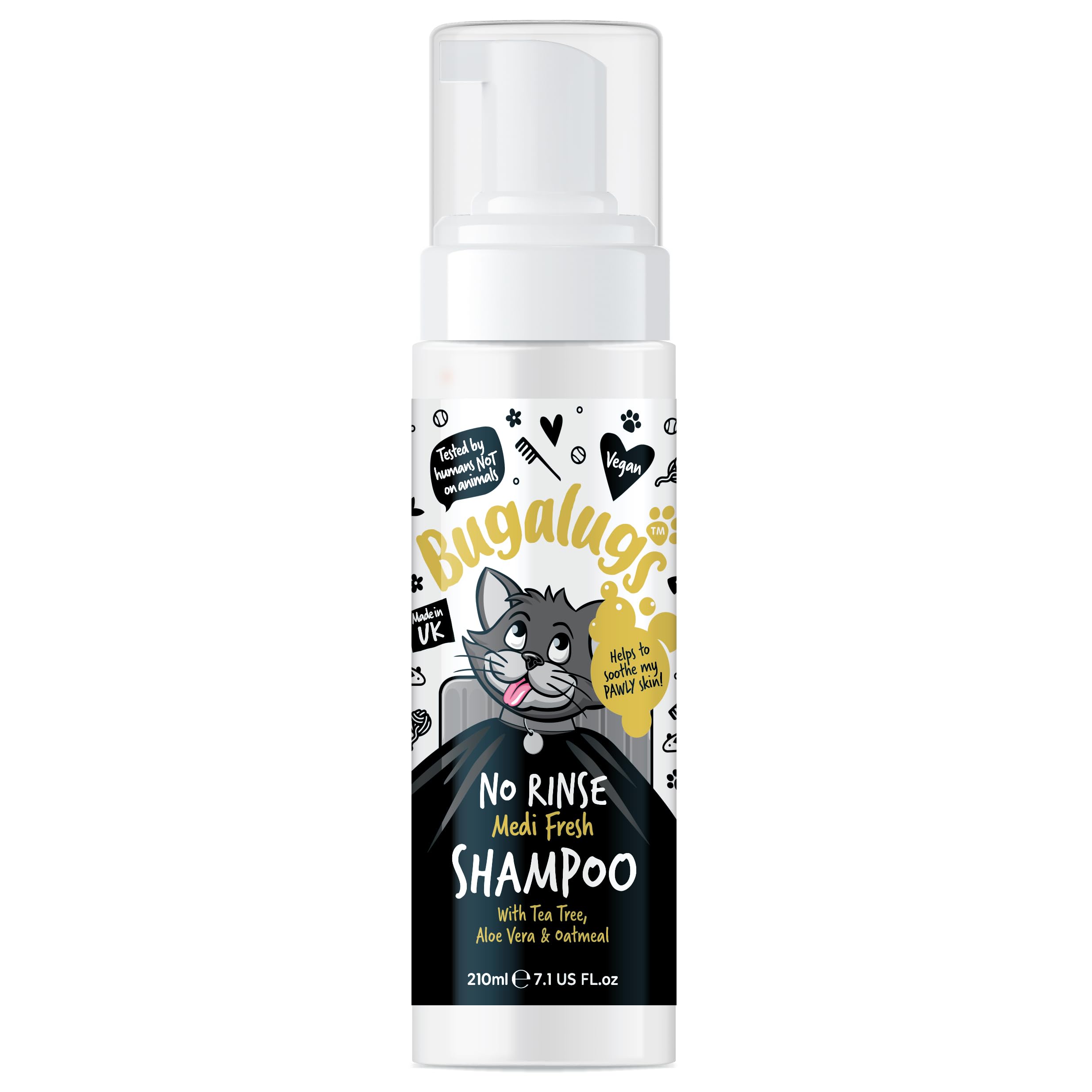 Bugalugs No Rinse Cat Shampoo for itchy skin with Tea Tree & Aloe Vera. Brush through