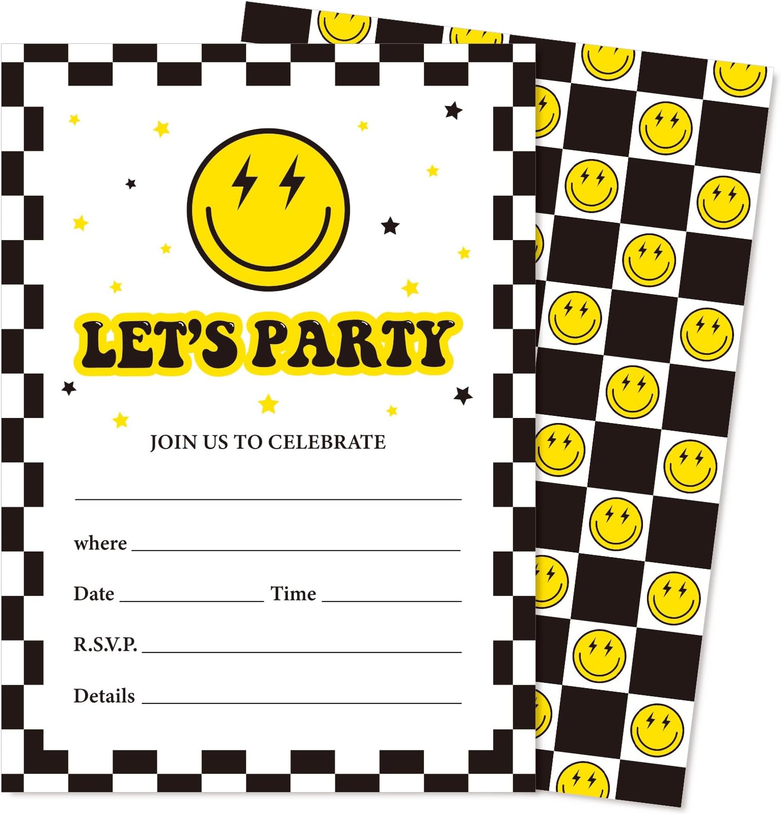 JarThenaAMCS 25 Set Smile Face Party Invitations with Envelopes Black Yellow Checkered Happy Face Paper Invites for Birthday Celebration Party Decor, 5 x 7 Inch