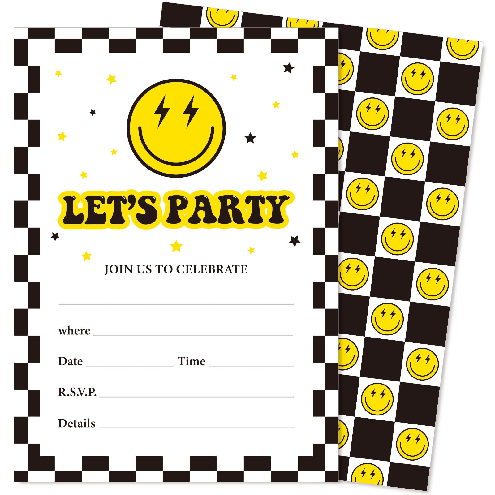 25 Set Smile Face Party Invitations with Envelopes Black Yellow Checkered Happy Face Paper Invites for Birthday Celebration Party Decor, 5 x 7 Inch