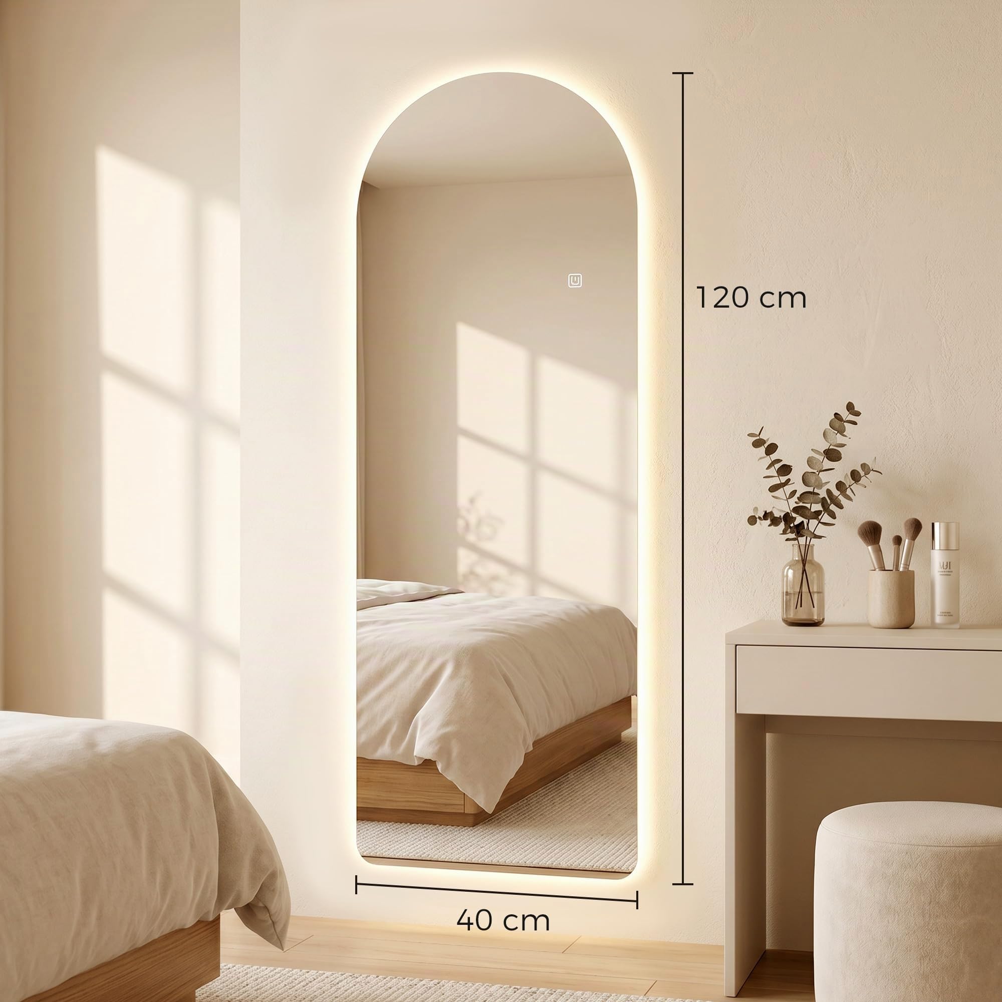 HOMCOM Espejo de Cuerpo Entero con Luces Sin Marco 120x40 cm Transparente | Espejo de Pared Arqueado, 3 Temperaturas de Color, Brillo Ajustable, Funcion Memoria, para Dormitorio, Salón