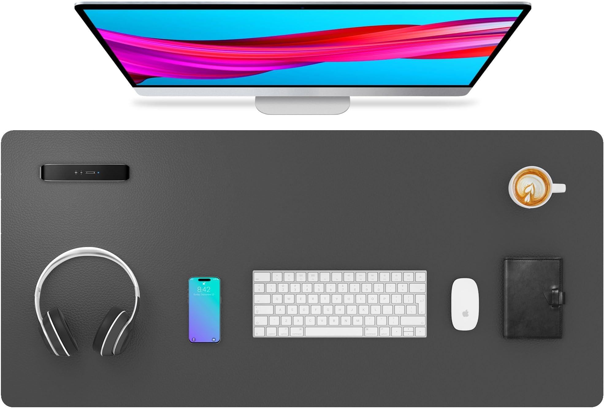 Leather Desk Pad, Mouse Pad, Office Blotting Desk Blotting PU Leather Non-Slip Laptop Desk Mat for Office and Home (36x17in,Grey)