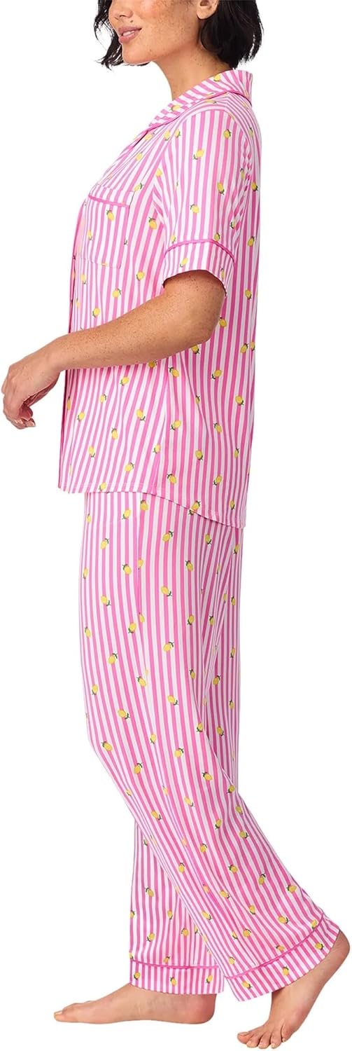 Room Service Women’s Pajama Sets, Short Sleeve Soft Stretch Button-Down Top with Open Leg Pants, 2-Piece Lounge Set