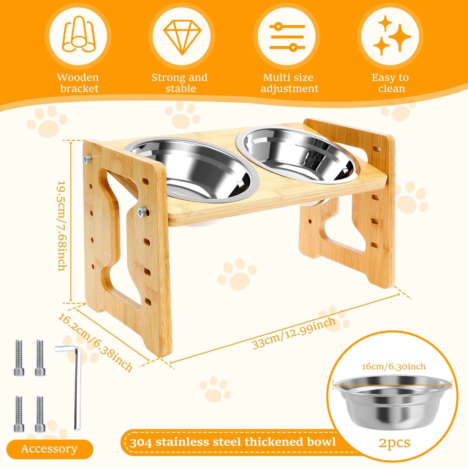 Cuencos elevados para perros, comedero elevado inclinado de 15° para mascotas, de 2 a 7.7 pulgadas, 5 alturas ajustables con 2 cuencos de acero inoxidable de 6.2 pulgadas, plato de comida y agua para