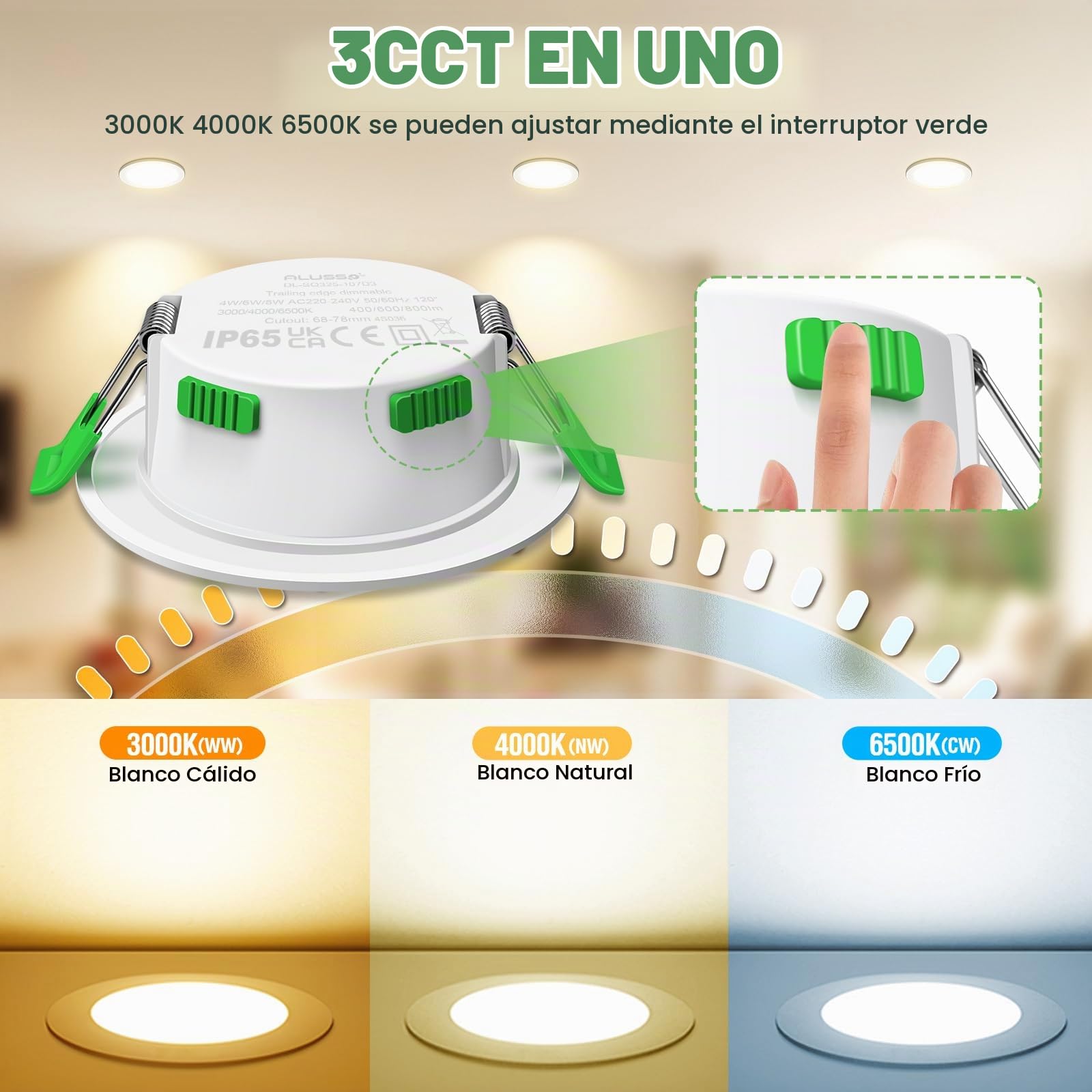 ALUSSO Downlight LED Techo Empotrable Regulable 800LM 4/6/8W(3WT) 3CCT | 3000K/4000K/6500K Focos LED Interior Techo Corte Ø68-78mm, IP44 Ojos de Buey LED para Techo Baño Salón, Blanco Pack 10