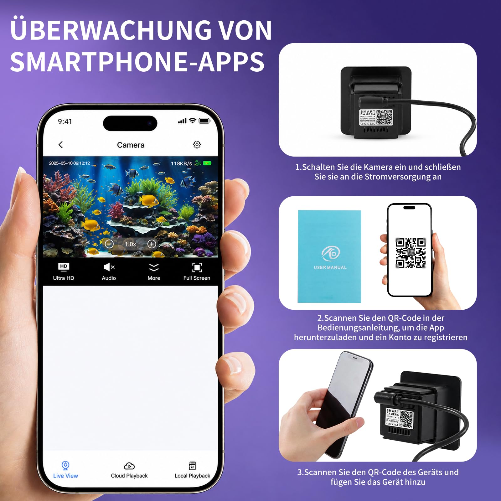 2K-Aquariumkamera mit Blendschutzobjektiv, 140°-Weitwinkel-WLAN-Aquariumkamera, KI-Bewegungserkennung, Zwei-Wege-Audio, Nachtsicht für Reptilien-Terrarium