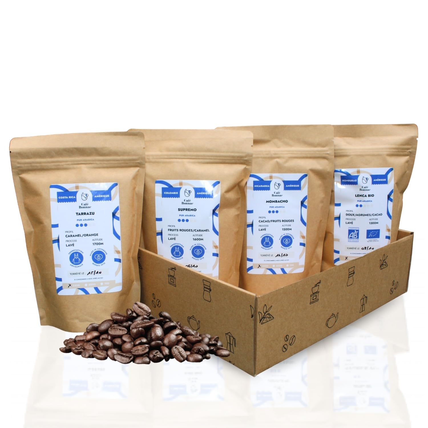Café Bonnac – Coffret Découverte Cafés d’Amérique – Café en Grain – 4x250g – 100% Arabica – Costa Rica, Honduras, Nicaragua & Colombie – Torréfaction Artisanale Française – Idée Cadeau