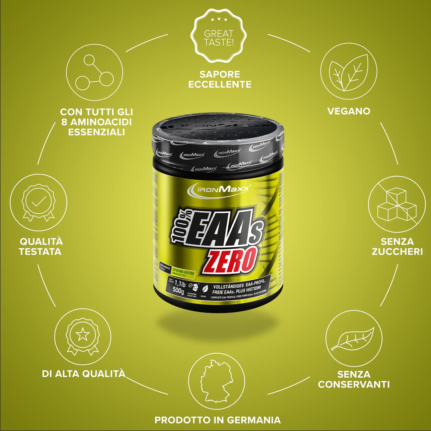 IronMaxx 100% EAAs Zero - Aminoacidi in polvere- integratore a base degli 8 aminoacidi essenziali con alto contenuto di BCAA- vegano- senza zuccheri- gusto: Tè Freddo Al Limone- Alta Dose- 500g