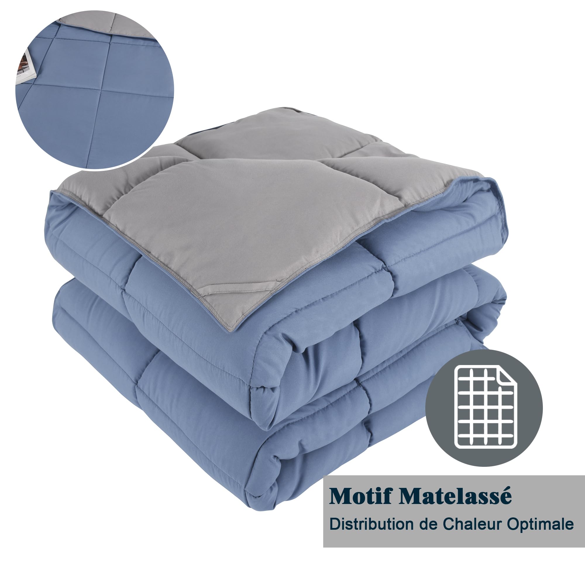 HIG Piumino 200 x 200 cm per letto matrimoniale – 200 GSM in morbida microfibra reversibile con 2 federe 65 x 65 cm – Certificato Oeko-TEX trapuntato per le 4 stagioni (blu grigio)