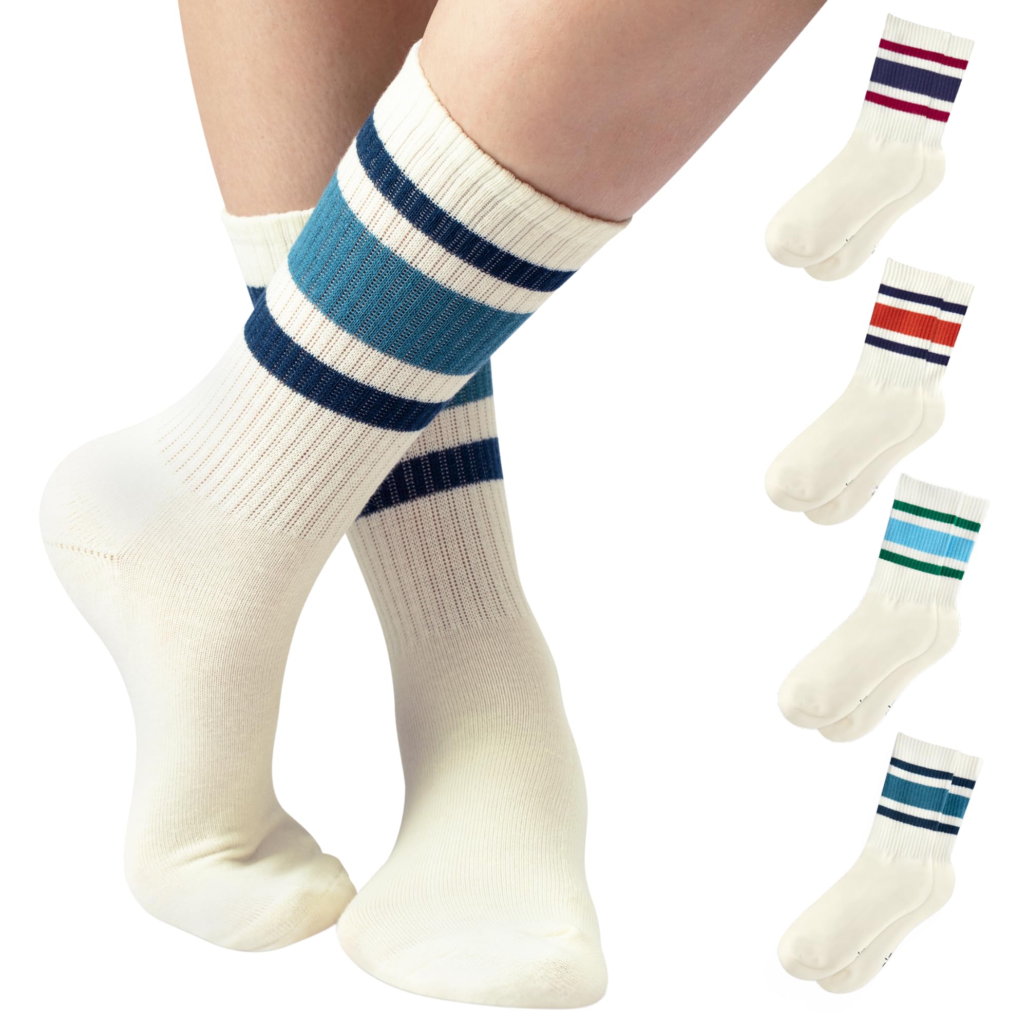 F|B Striped Retro Crew Socks for Women and Men - Pair of 5 Triple Striped Socks with Terry Cushioned Sole