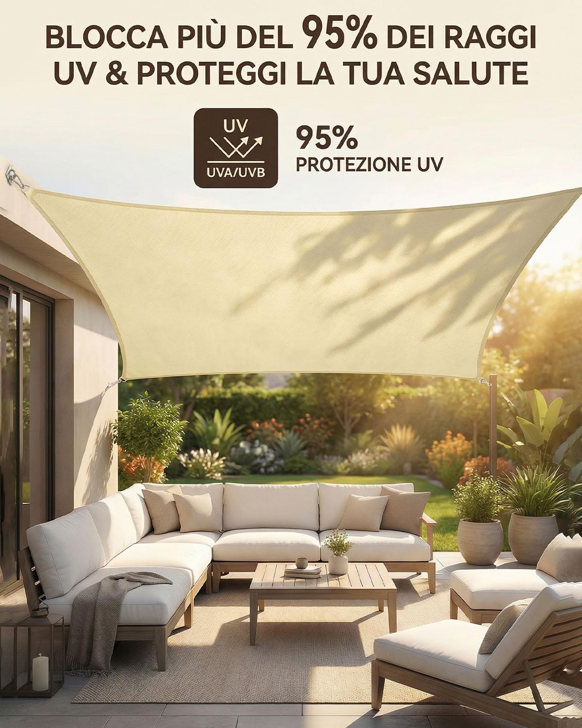 Vela d’Ombra Rettangolare 3x4m con Accessori di Montaggio, HDPE Impermeabile e Antivento, Protezione UV, Antistrappo, Traspirante, Per Balcone, Giardino e Terrazza, Beige