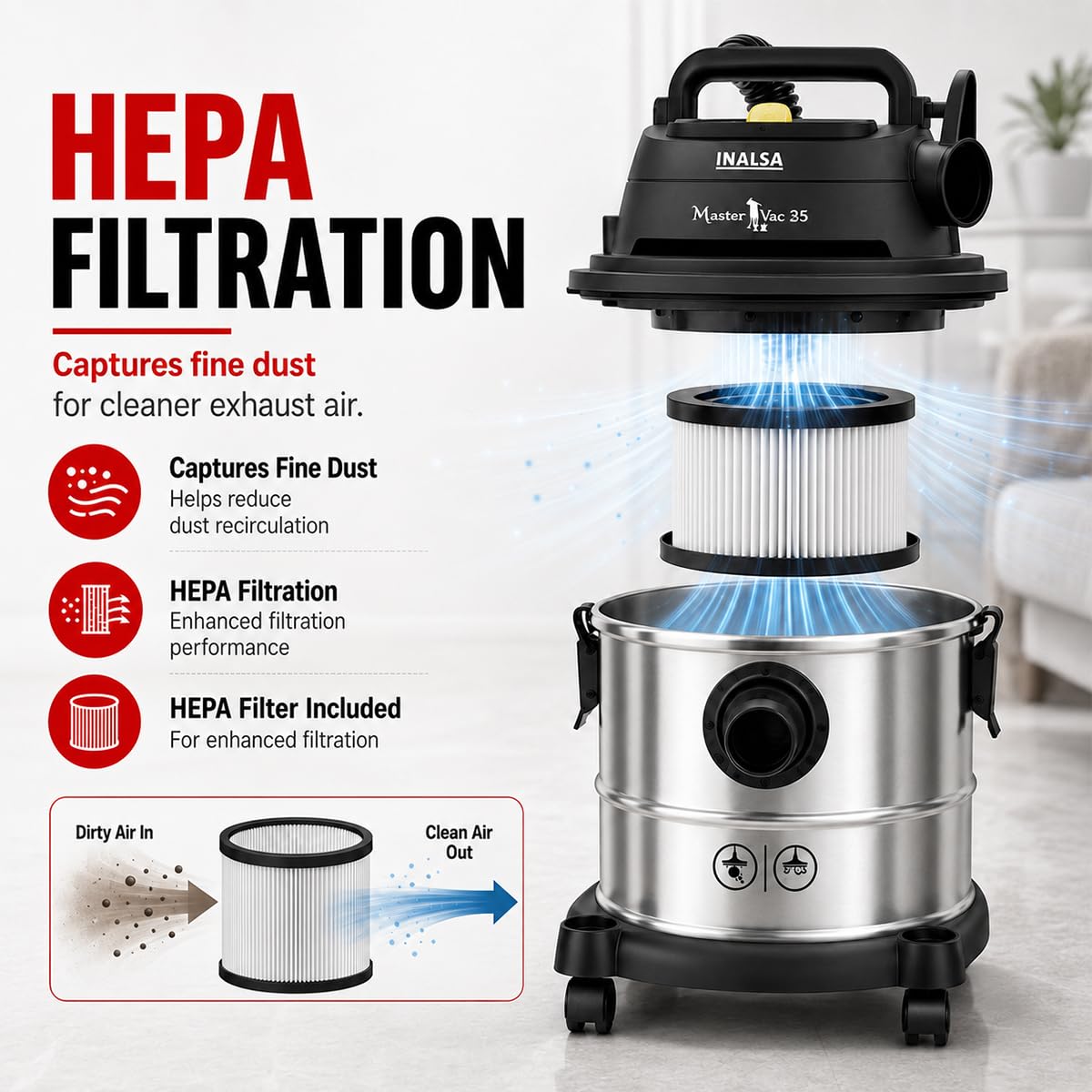 INALSA Vacuum Cleaner Wet and Dry Heavy Duty 1700 W & 25 Ltr Capacity|22KPA Suction|HEPA Filter & Metal Telescopic Tube|2 Year Warranty|SS Metal Tank|For Home,Office,Hotel Cleaning (Master Vac 25) 2