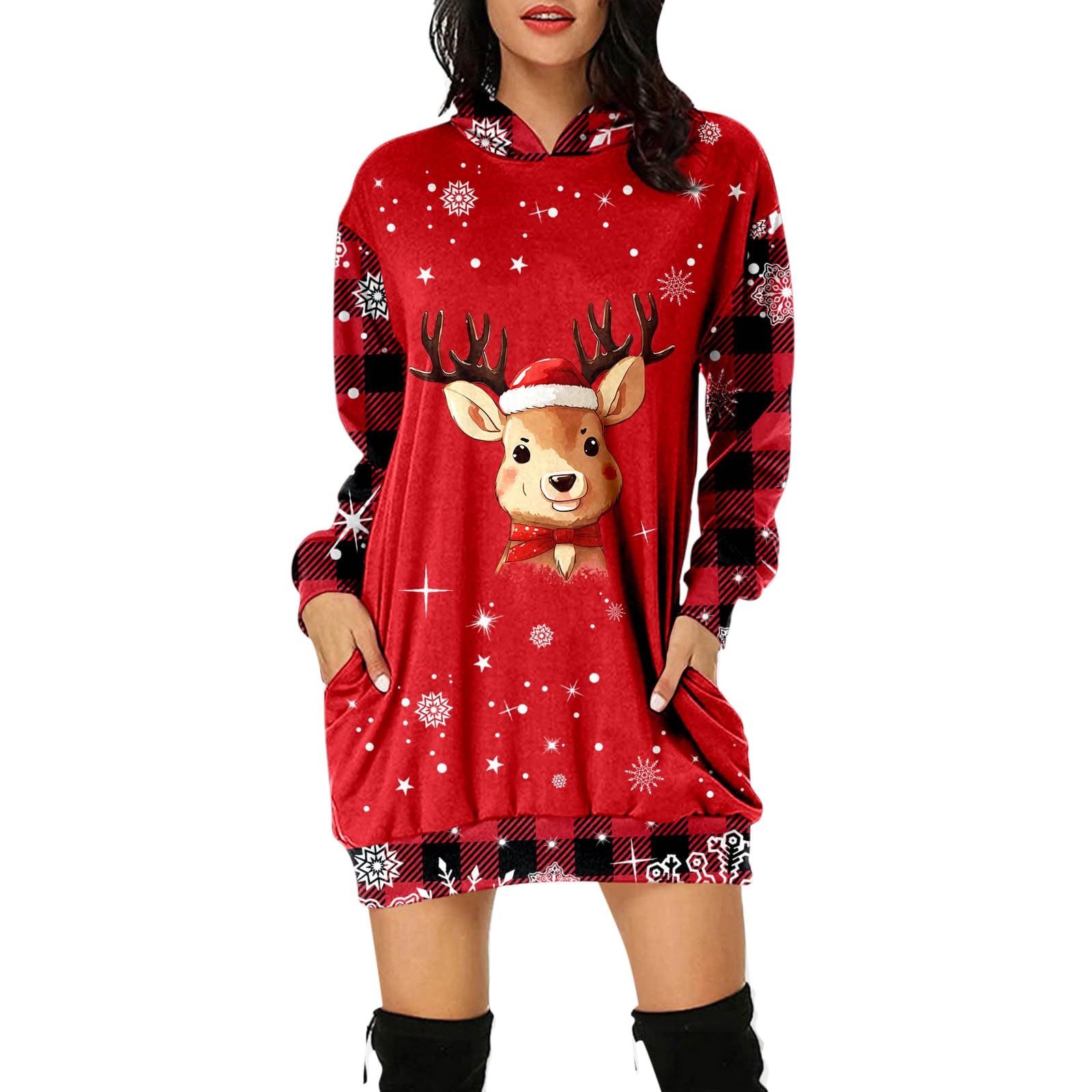 Half Sleeve Sweater Women Long Sleeved Pullover Sweatshirt Christmas Print Hooded Pocket Quarter Zip Sweatshirt