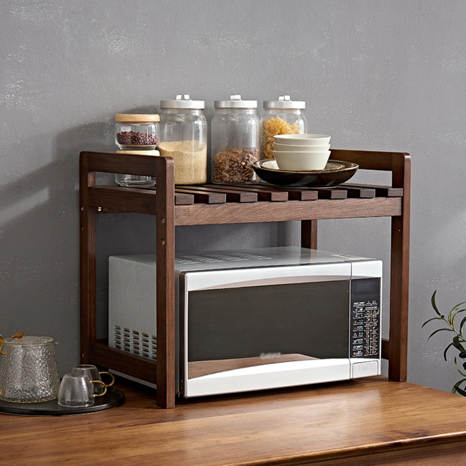 GLJTUO Multifunctional 2-Tier Microwave Oven Rack - Solid Wood Kitchen Stand for Countertop Storage & nization of Utens, Tableware & Kitchen Essentials
