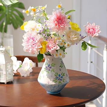 Hand-Painted Ceramic Vase for Flower Arrangements, Elegant Water Culture Planter with Floral Motifs, Home Decor for Living Room, Tabletop, Office Desk Decoration (Small)