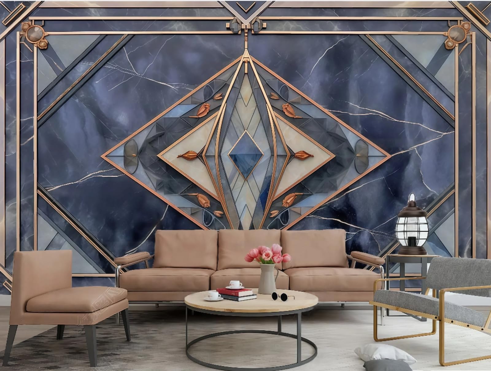 Tapeta sztuka nowoczesna romb murarski kolaż niebieski marmur łupek obraz TV sofa tło ściana salon sypialnia jadalnia mural, 3D, 300 x 210 cm