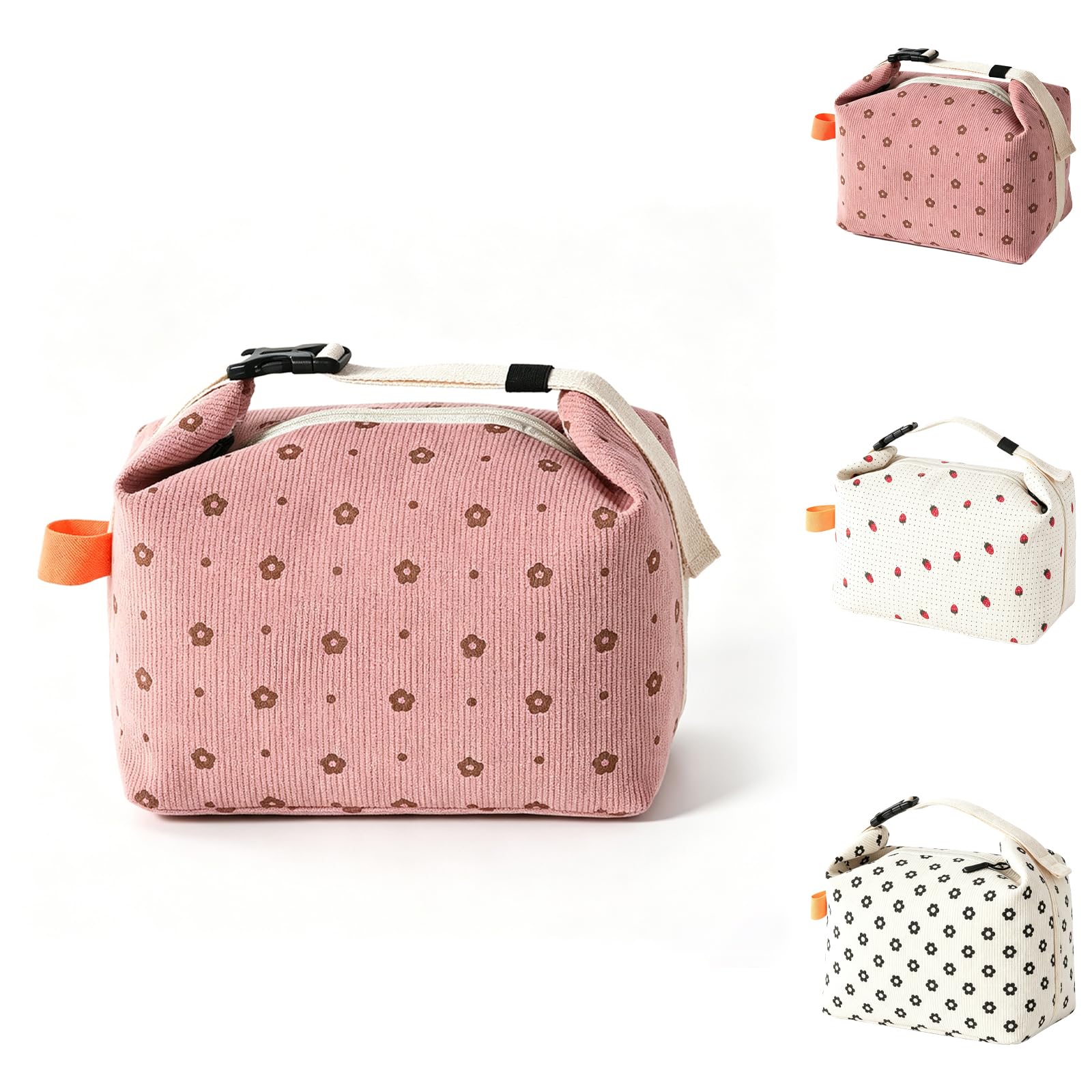 SUOXU Lunch Bag for Women Men,Cooler Bag for Work School Picnic, Reusable Insulated Lunch Box Bag, Waterproof and Oil-Proof Corduroy Tote Bag, Portable Picnic Bag Cool Bag-8L（Pink-Flower