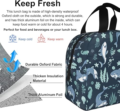 Miniatura 4 de Lonchera con diseño de tiburones, reutilizable, aislada, de gran capacidad, para niños, mujeres y hombres, bolsa de almuerzo duradera con cremallera