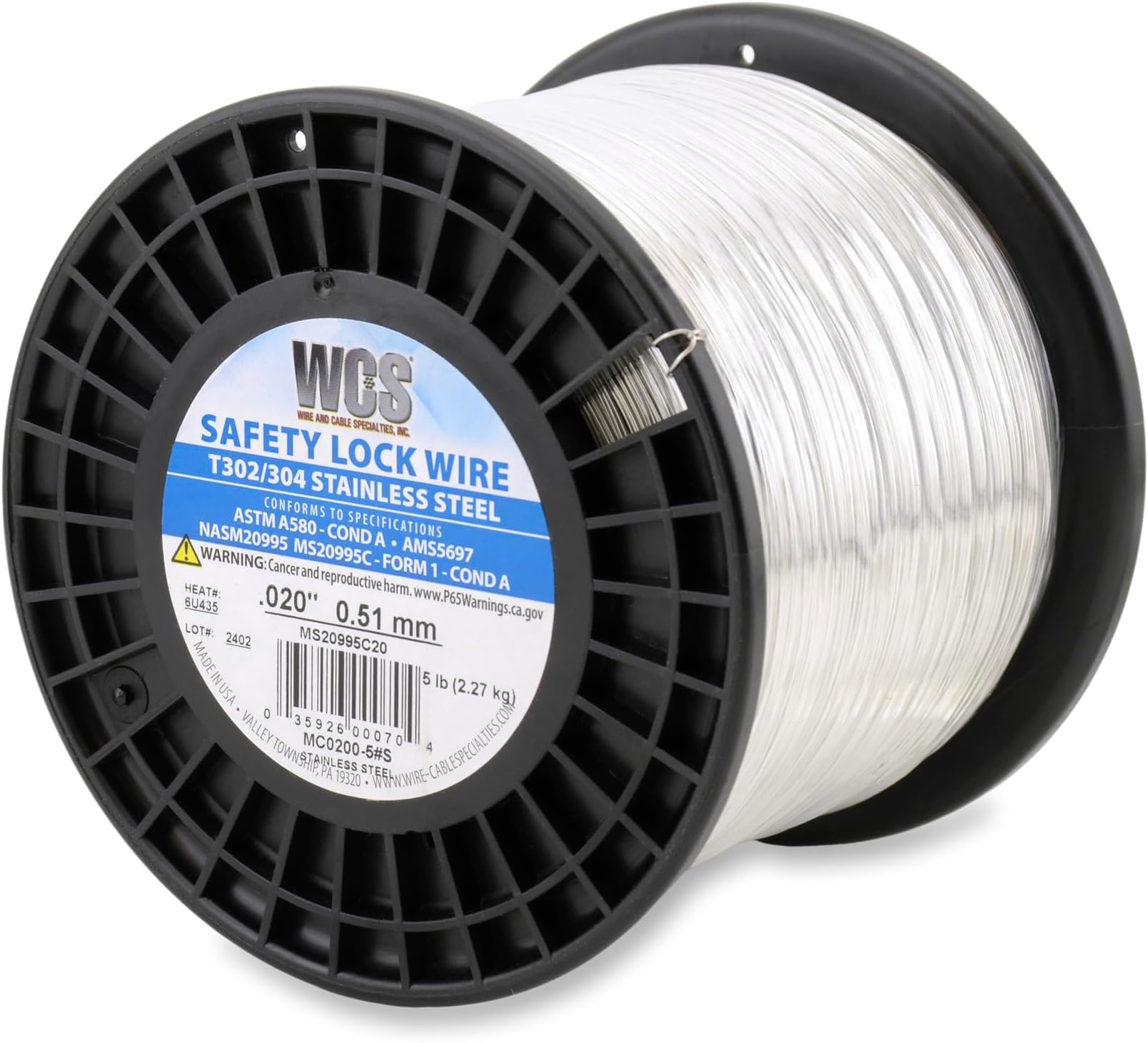 Lock Wire, T302/304 Stainless, NASM20995, MS20995C, ASTM A580 Cond A, AMS5697, .020 in (0.51 mm), 5 lb (2.26 kg) Spool, approx. 4,625 ft (1,409 m)