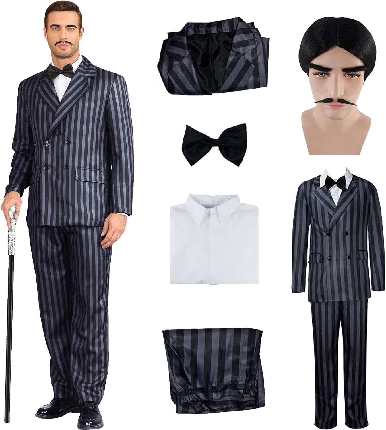 Men's 1920s Gangster Costume Wig Pinstripe Suit Blazer Jacket Shirt Pants Set with Necktie Halloween Cosplay Outfits