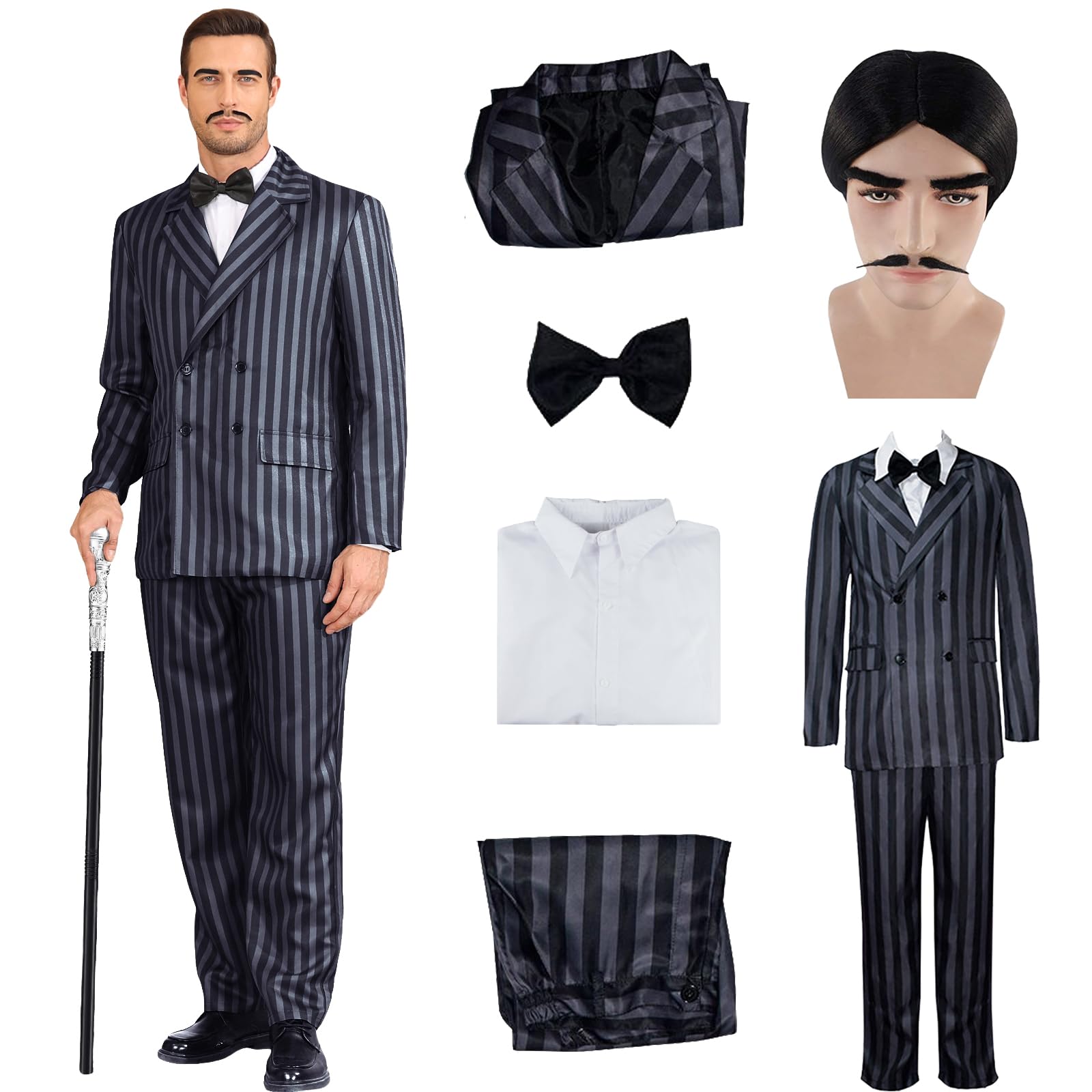 LILLIWEEN Men's 1920s Gangster Costume Pinstripe Suit Blazer Jacket Shirt Pants Set with Necktie Halloween Cosplay Outfits