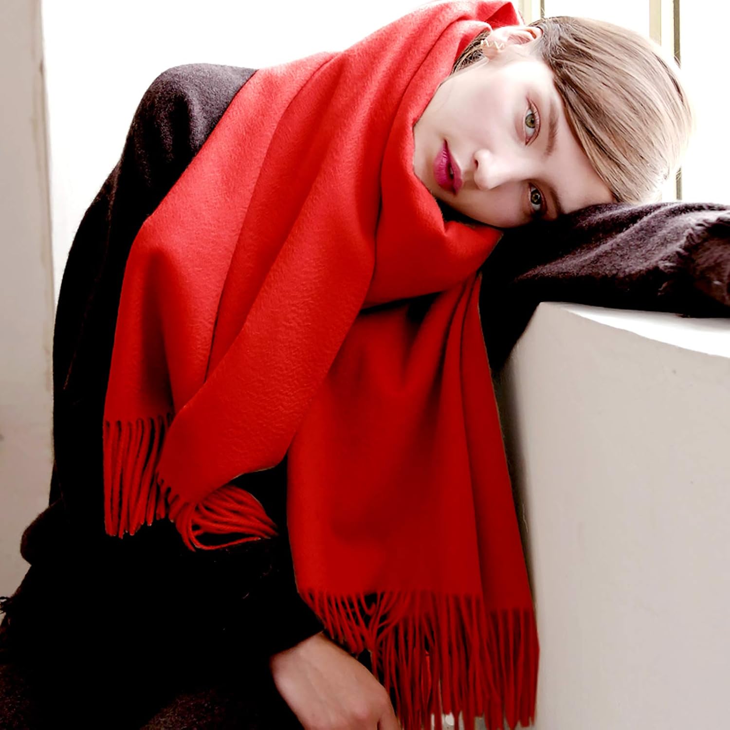 Winter Cashmere Scarf For Women Warm Pashmina Solid Color Scarves With Tassel Soft Wool Long Thickened Shawl Wrap