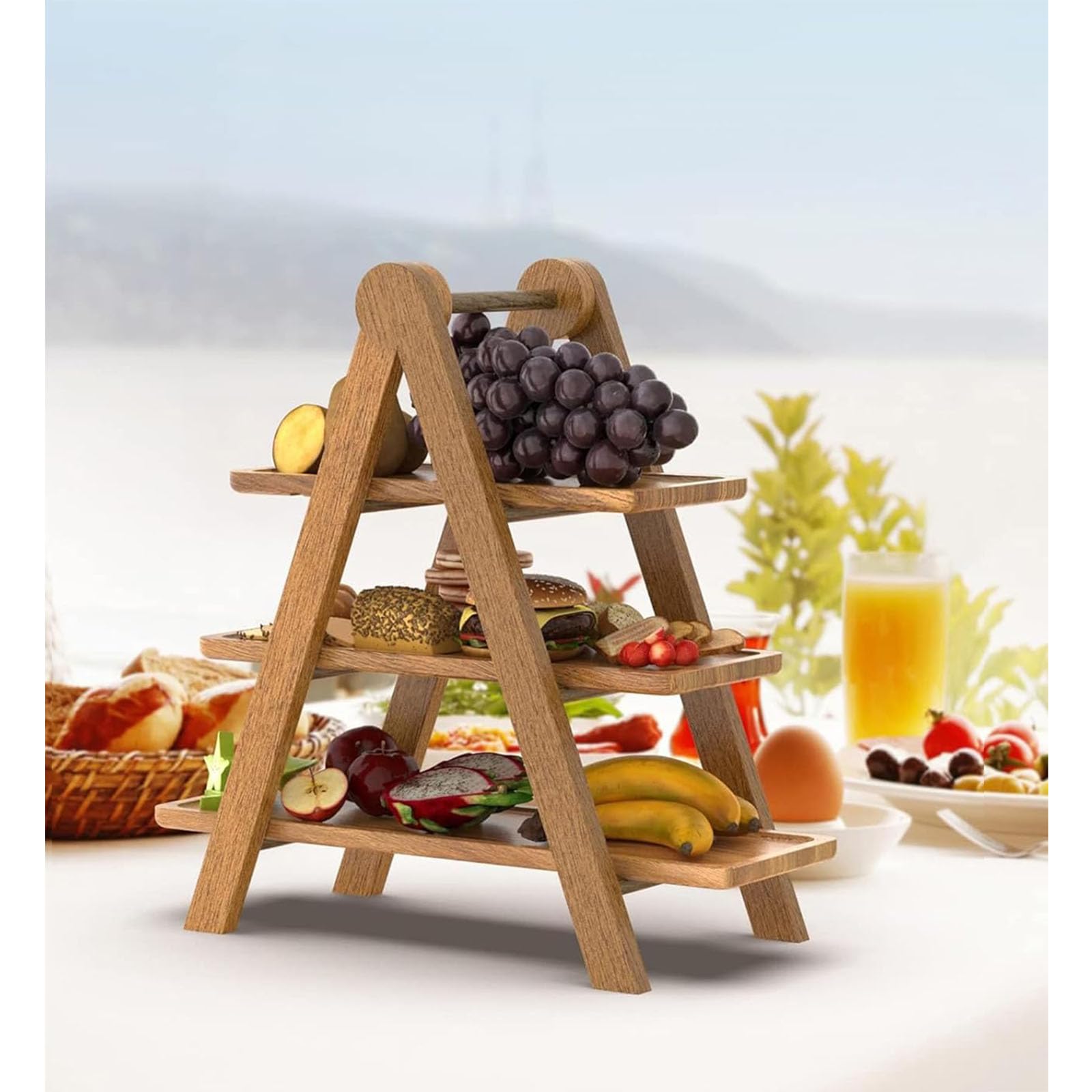 Estantes de Postres de Madera de 3 Capas, Bandejas de Pastelería, Adecuados para Fiestas, Picnics, Estantes Portátiles de Exhibición de Alimentos Plegables (#)
