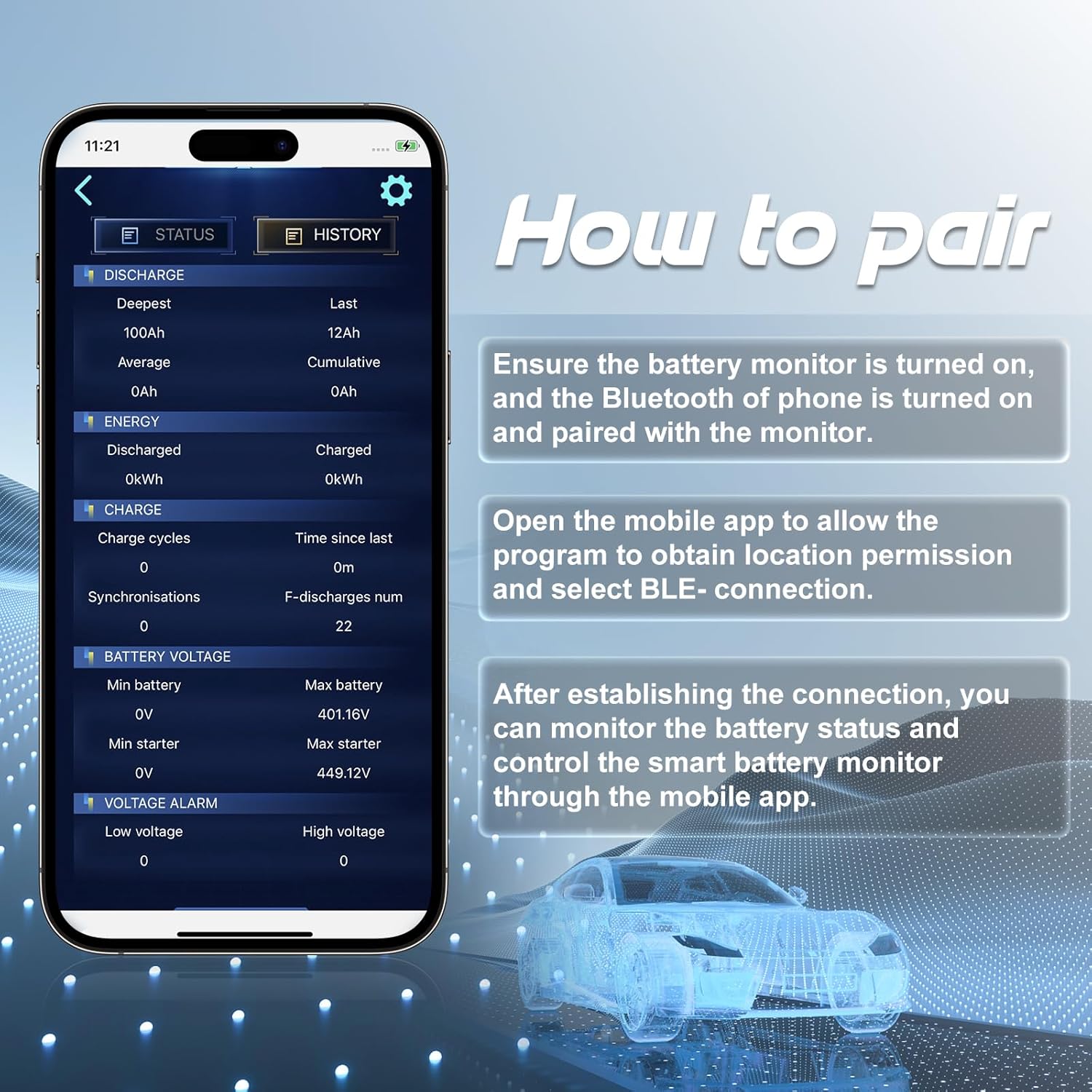 Smart Battery Monitor, Input Voltage: 4.5-100VDC (Expandable), Built-in Bluetooth Communication