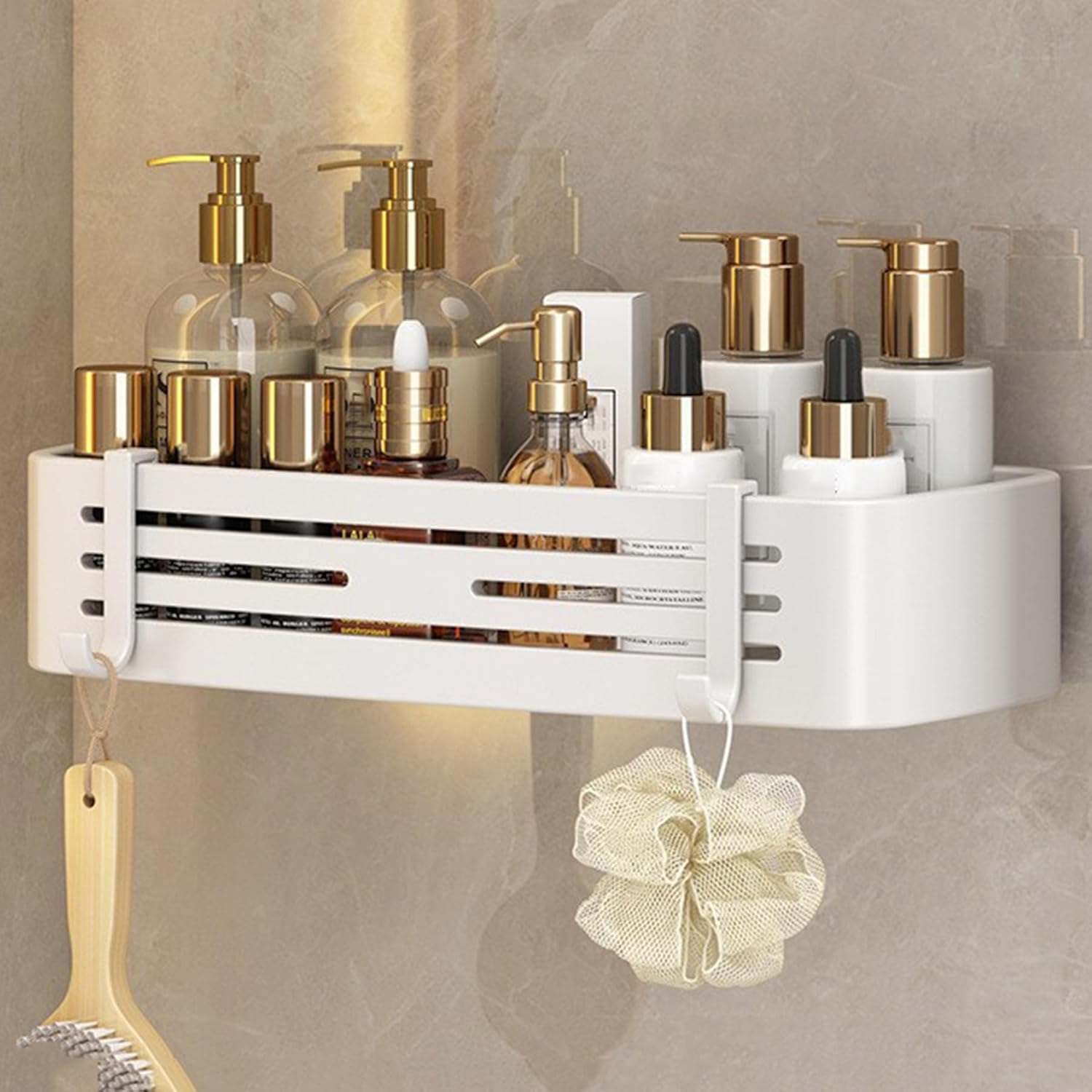SRURLLUG Adhesive Shower Caddy Wall-Mounted Bathroom Storage Rack No Drill Shower Organizer Large Capacity Rustproof Shower Shelves with