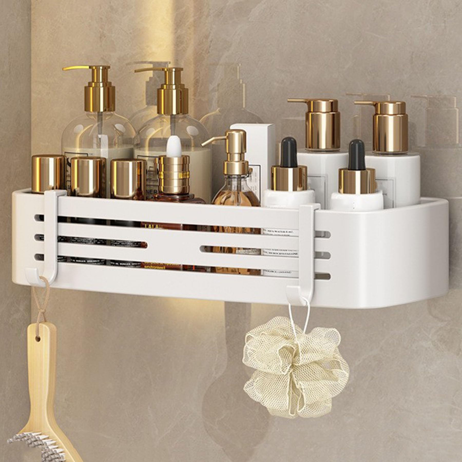 SRURLLUG Adhesive Shower Caddy Wall-Mounted Bathroom Storage Rack No Drill Shower Organizer Large Capacity Rustproof Shower Shelves with