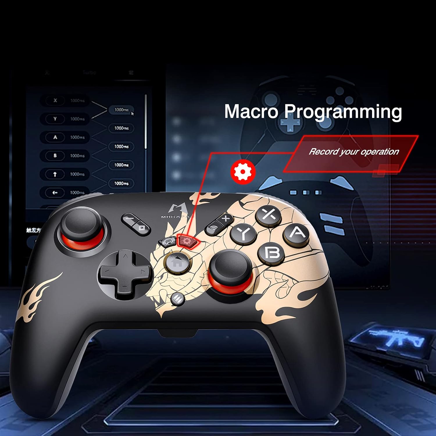 AKNES Monster Hunter Rise Switch Pro Controller, Wireless Bluetooth Gamepad for Switch/OLED Switch/Switch Lite/PC, with NFC Wake-up Function,Support Amiibo Motion Control Turbo Vibration