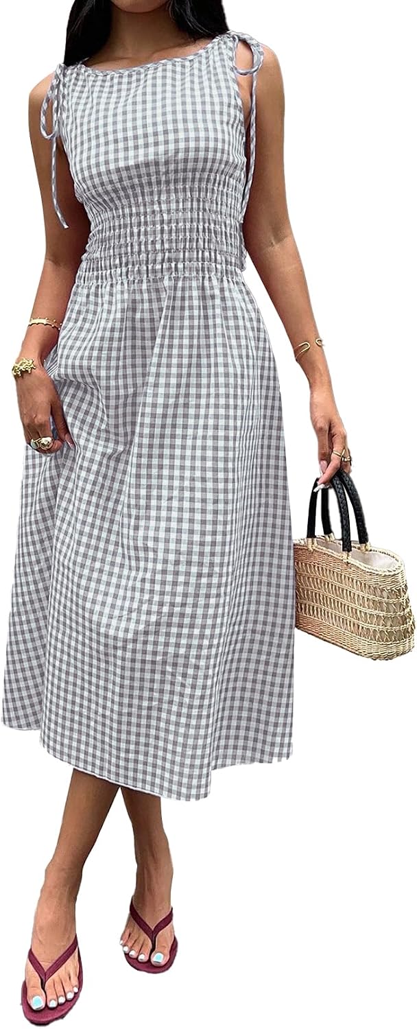 Acelitt Summer Maxi Dresses for Women 2026 Smocked Waist Gingham Dress Flowy A Line Beach Long Sundresses with Pockets