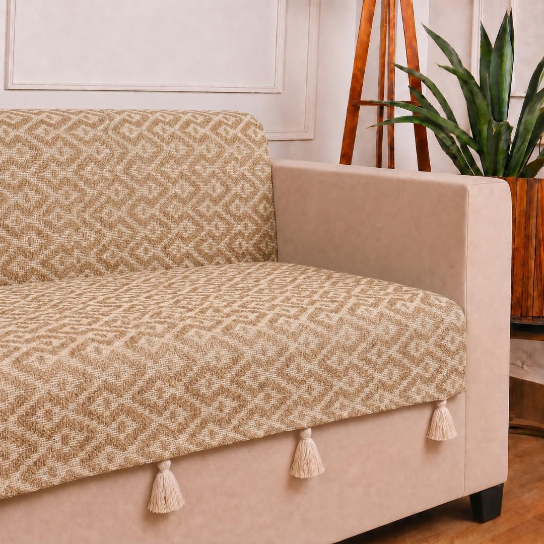 STITCHNEST 'Nomad Weave Collection' 2 Seater Sofa Cover – Full Coverage| Elegant Jacquard Fabric, Decorative Tassels, Washable & Durable for Modern Living