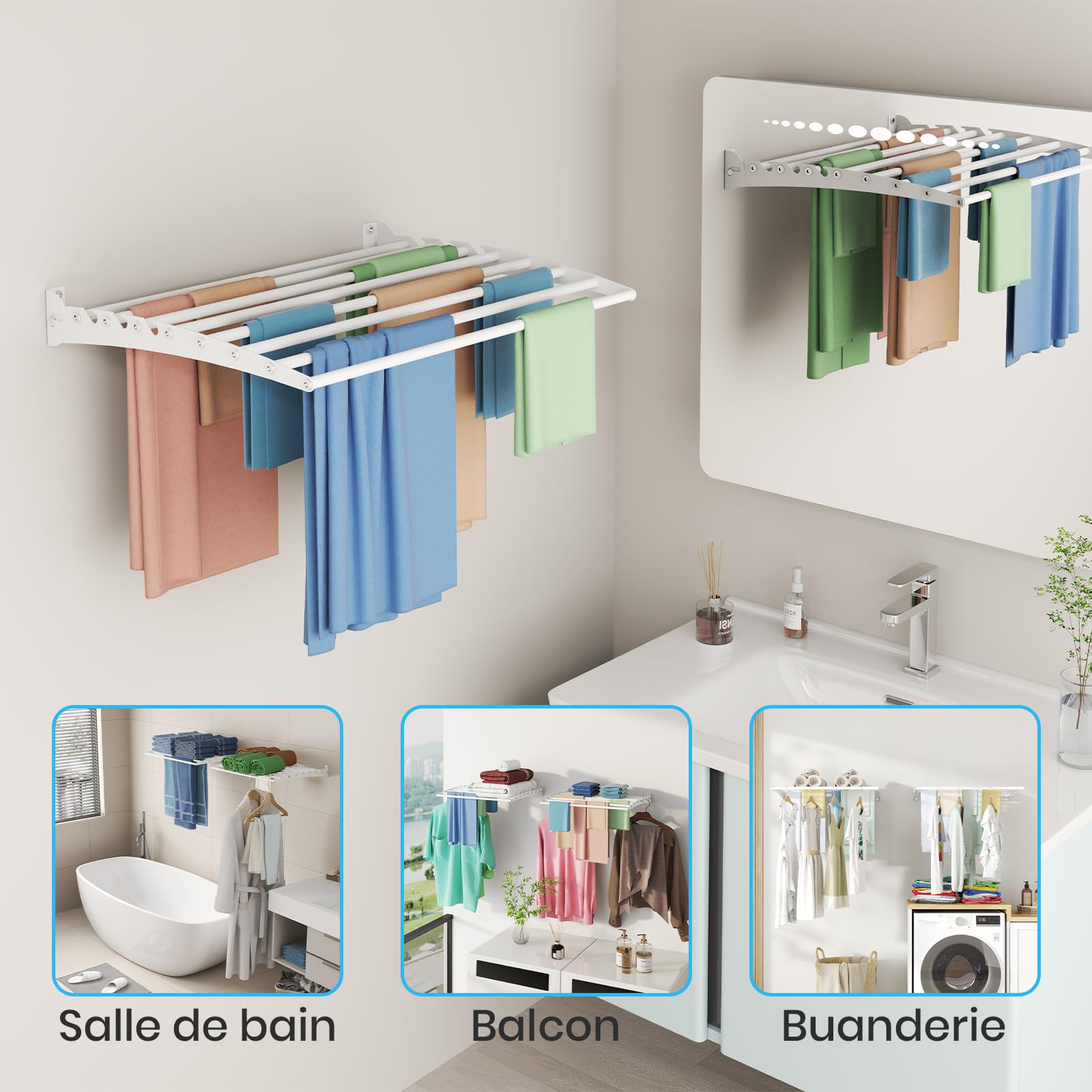 Innotic Etendoir Linge Mural Pliable, Séchoir à Linge Gain de Place, Métal Sèche Linge pour Interieur et Extérieur, Balcon, Salle de Bain, 8 Barres de 60 cm