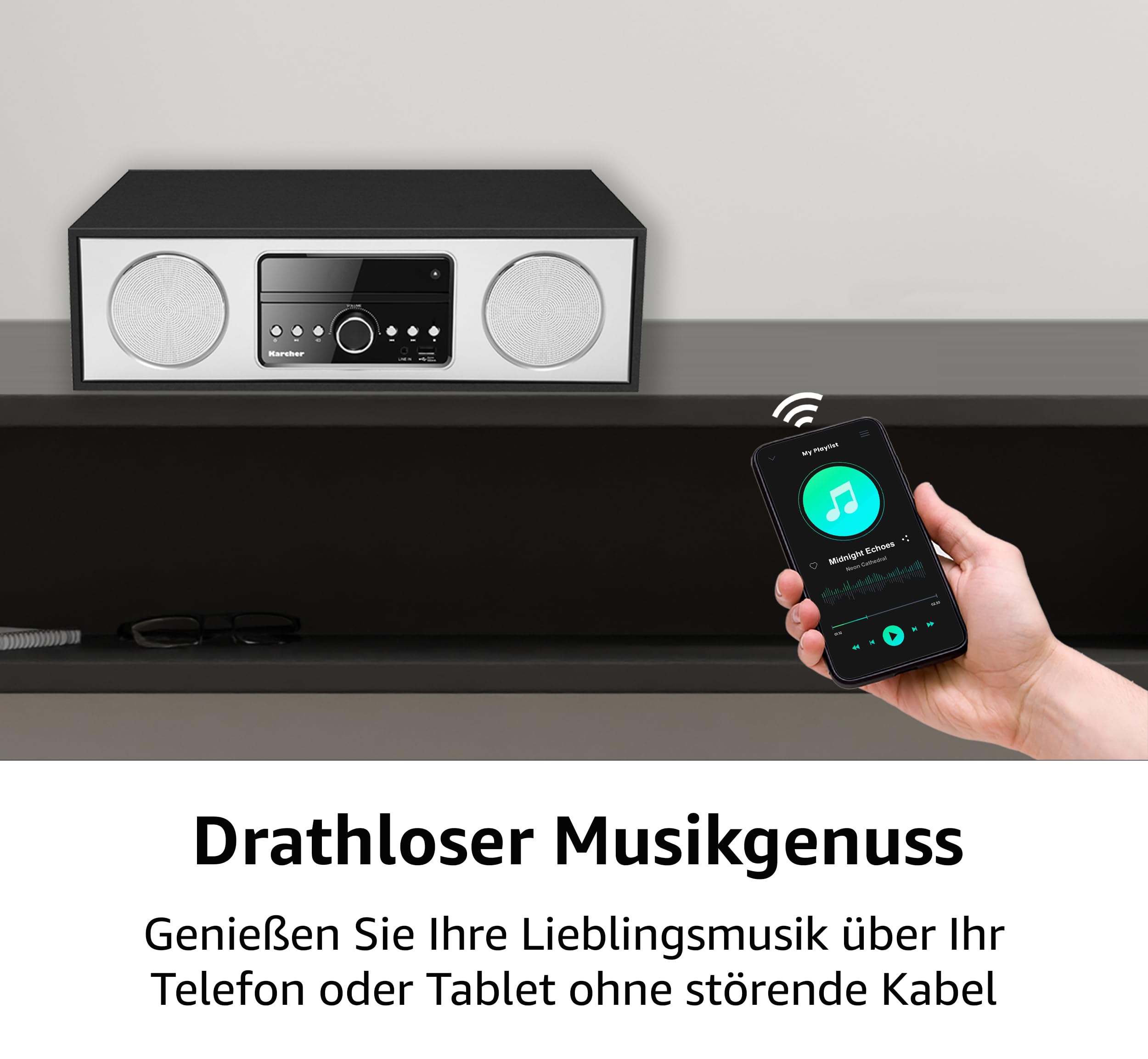 Karcher DAB 4500CD - Stereo Digitalradio (Kompaktanlage mit CD-Player, Bluetooth, UKW / DAB+ Radio, Musikanlage, USB, Wecker, 30 Watt Lautsprecher, Fernbedienung, elegantes Holzgehäuse, schwarz)
