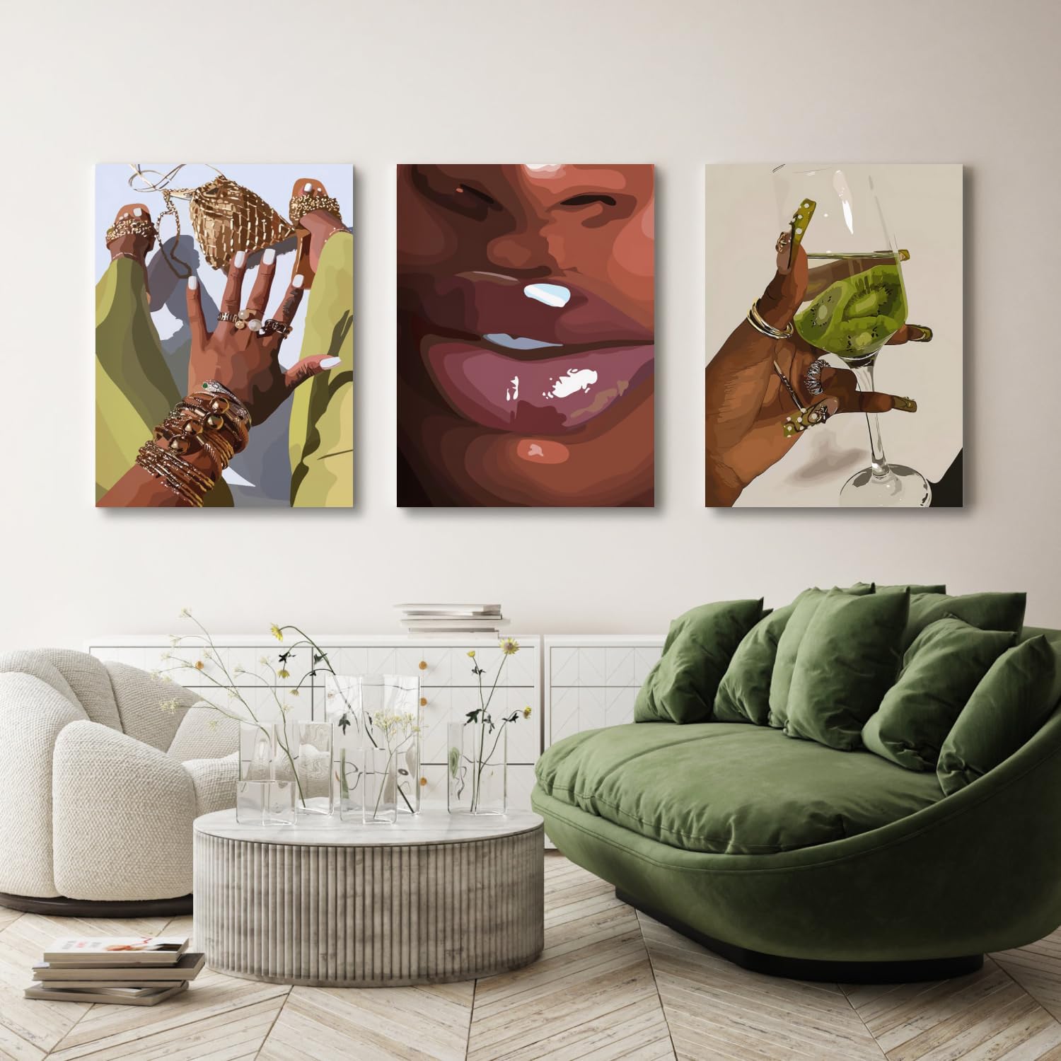 Hianan Black Girl Canvas Wall Art Set of 3, Framed African American Woman Wall Decor, Fashion Black Women Poster Prints, Abstract Black Girl Aesthetic Pictures for Living Room Bedroom 12"x16"