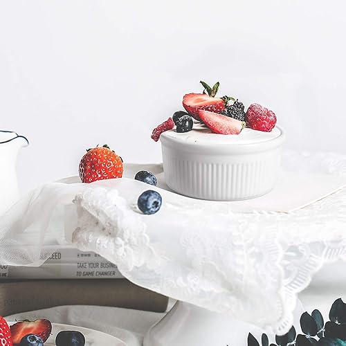 Miniatura 3 de ComSaf Tazones de porcelana para hornear (6 onzas), plato de soufflé para crema brulee, natillas, pudín, postre, helado, salsa de inmersión, juego