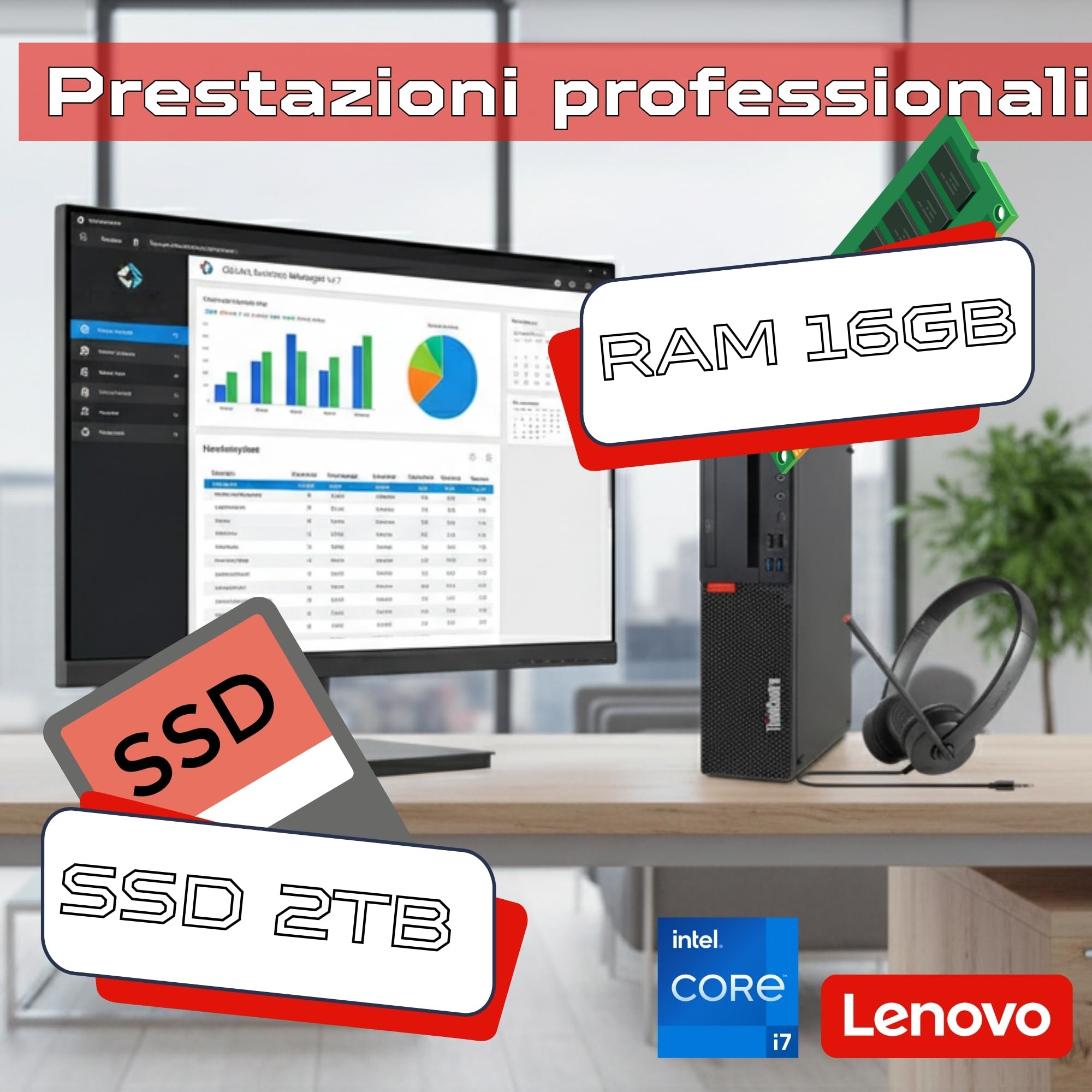 Lenovo Postazione ufficio completa Pc Desktop Intel Core i7 Fino a 4.70 Ghz | Ram 16GB | SSD 2000 GB | Monitor 32" FullHD con audio incluso Wifi Win 11 Cuffie Essential Stereo