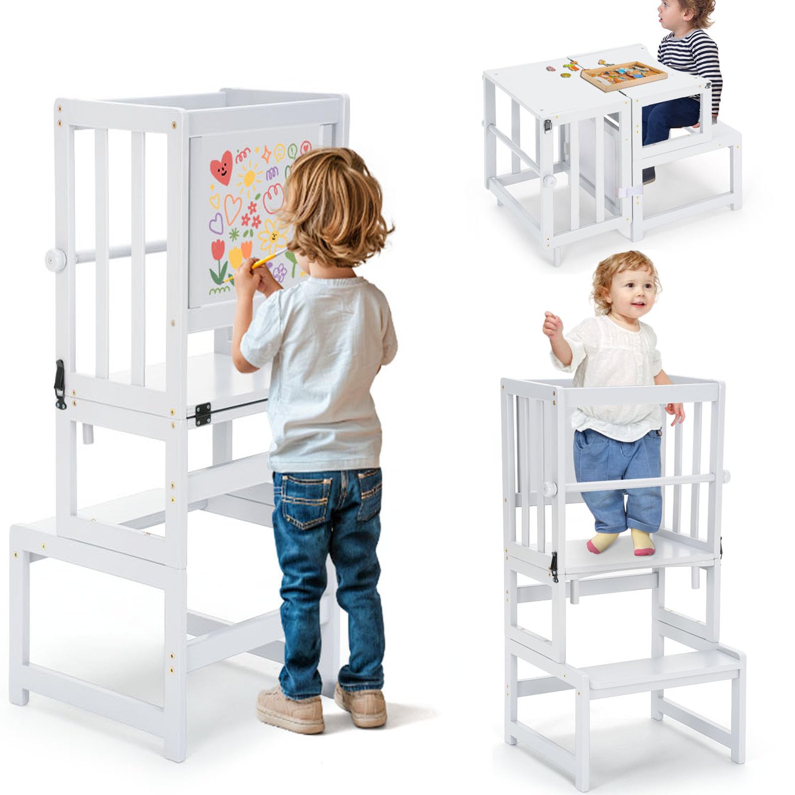 COSYLAND 3-in-1 Multifunctional Toddler Standing Tower, Safety Toddler Kitchen Stool Helper with Whiteboard, Desk Table and Chair, Kids Kitchen Stool for Learning,CPC,SOR,CE Certified (White)
